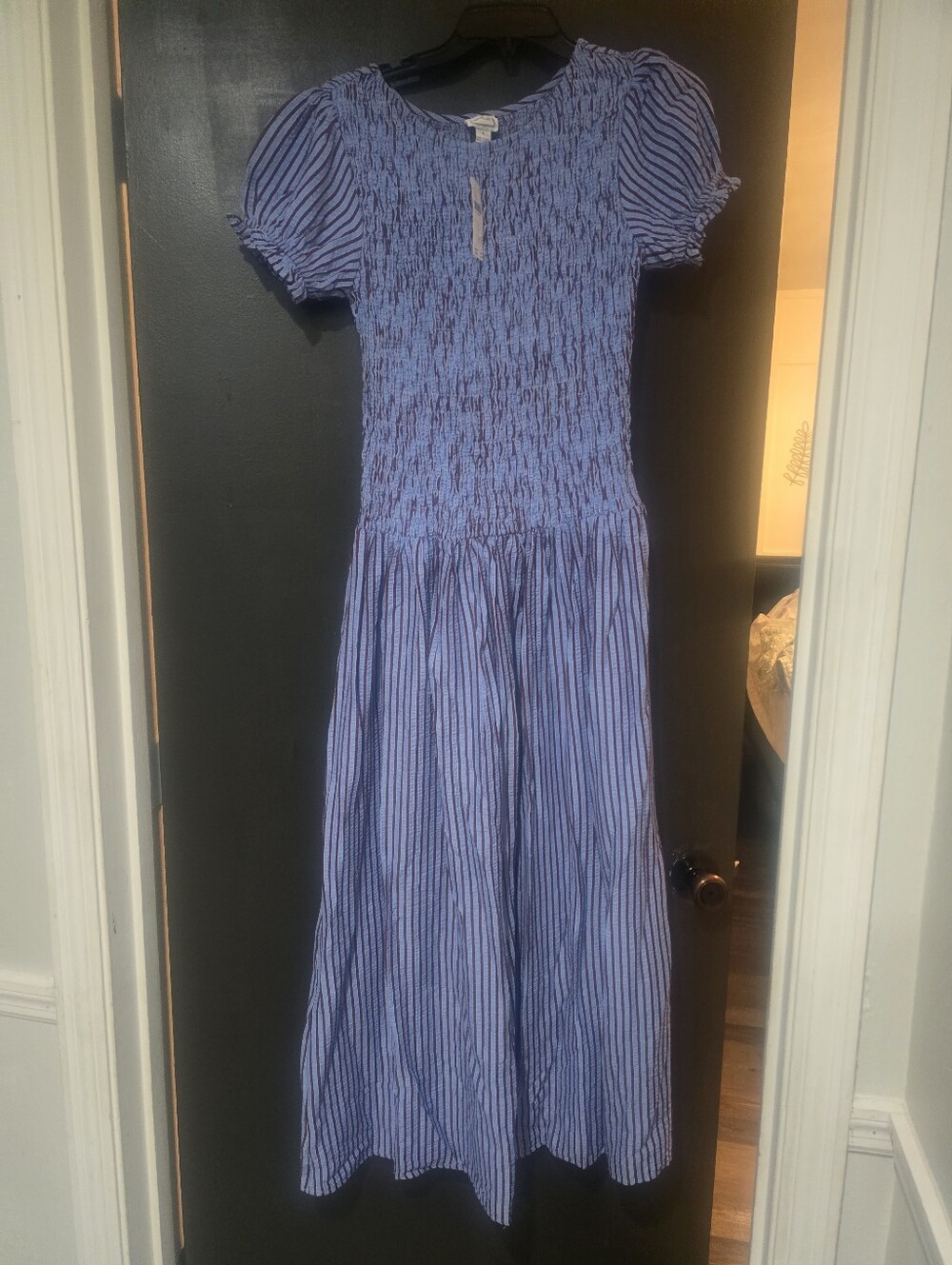 Maeve Smocked Puff-Sleeve Midi Dress in Light Blue Stripe